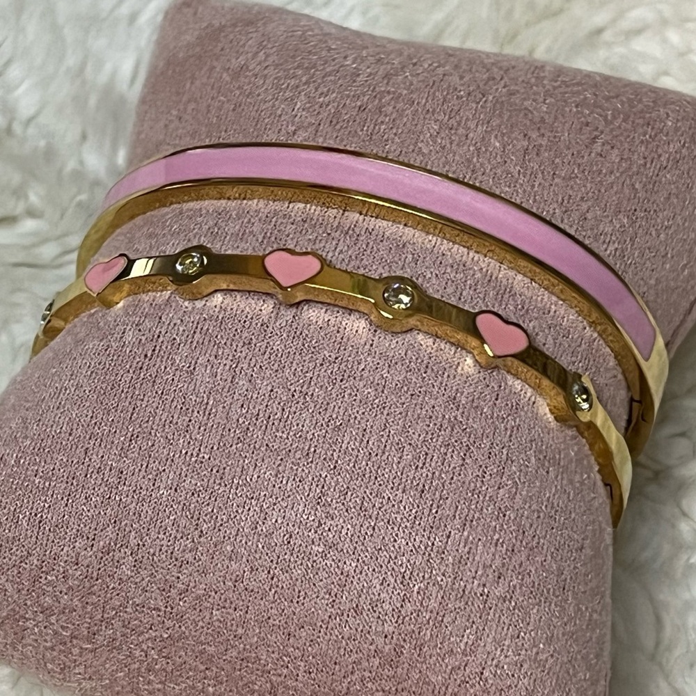 Set of 2 Stainless Steel Gold and Pink Heart Bangle Set